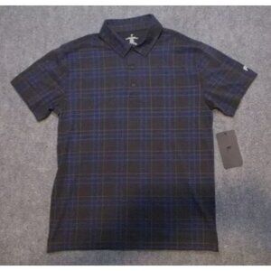 Fabletics Shirt Men Medium Black Blue Striped Check 24-7 Polo Stretch Casual NWT